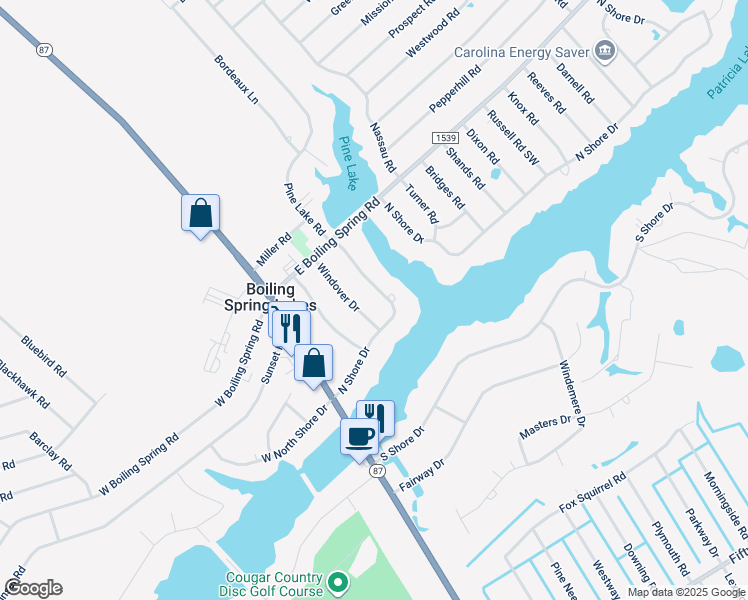 map of restaurants, bars, coffee shops, grocery stores, and more near 125 North Shore Drive in Southport