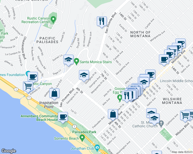 map of restaurants, bars, coffee shops, grocery stores, and more near 607 Georgina Avenue in Santa Monica