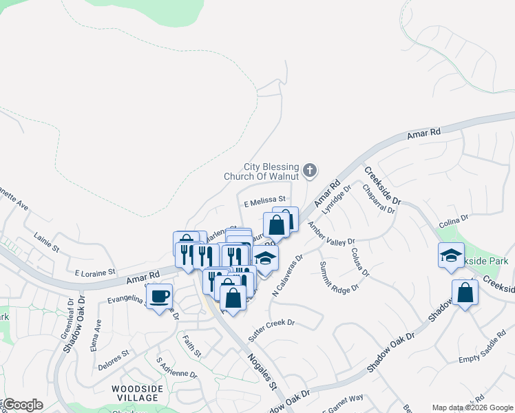 map of restaurants, bars, coffee shops, grocery stores, and more near 2720 East Melissa Street in West Covina