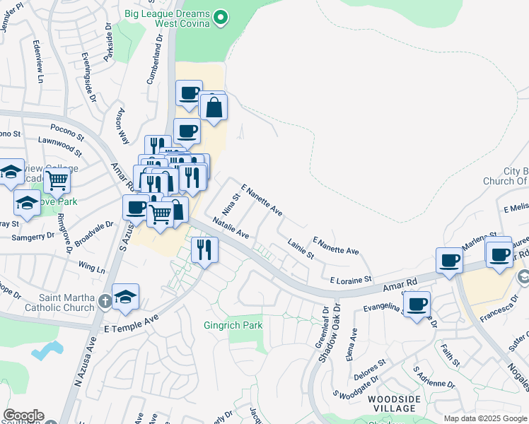 map of restaurants, bars, coffee shops, grocery stores, and more near 2407 South Ridgewood Drive in West Covina