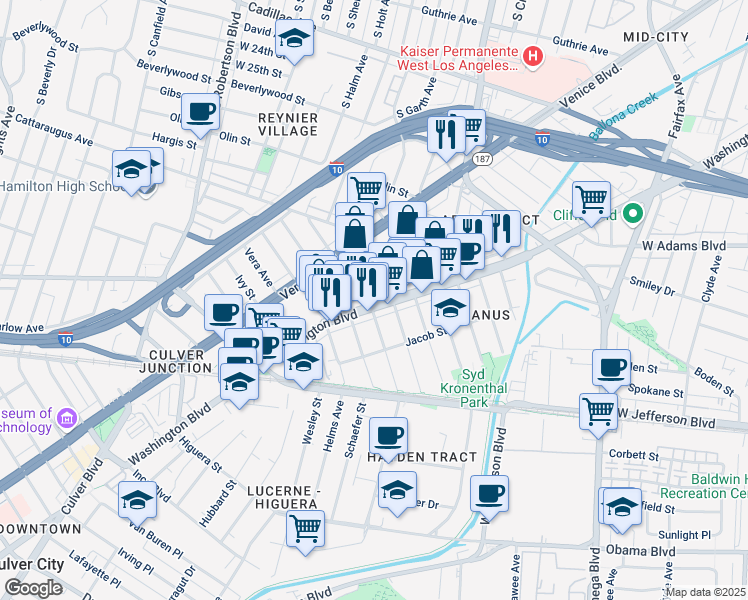 map of restaurants, bars, coffee shops, grocery stores, and more near 8601 Washington Boulevard in Culver City