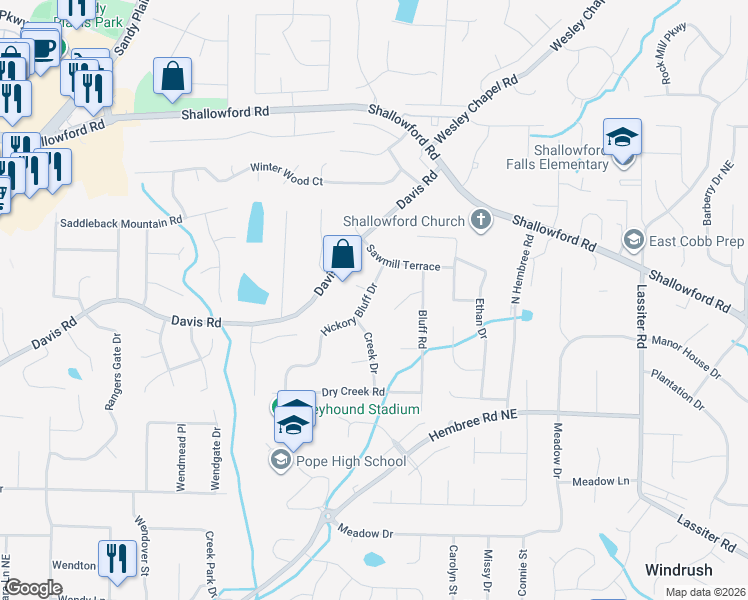 map of restaurants, bars, coffee shops, grocery stores, and more near 3336 Hickory Bluff Drive in Marietta