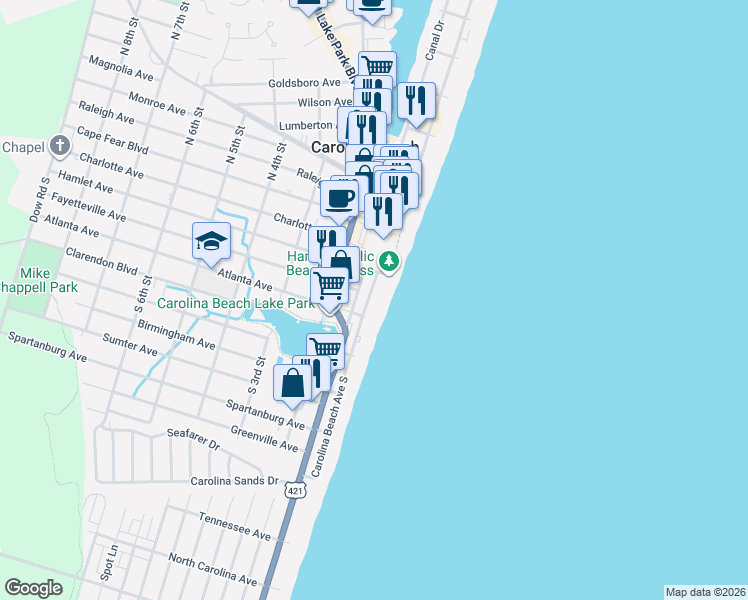 map of restaurants, bars, coffee shops, grocery stores, and more near 303 Carolina Beach Avenue South in Carolina Beach