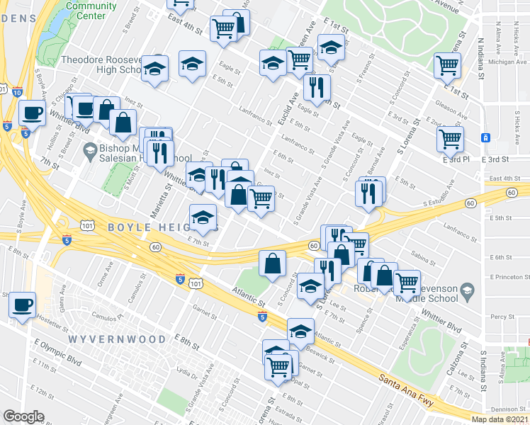 map of restaurants, bars, coffee shops, grocery stores, and more near 816 Albertine Street in Los Angeles