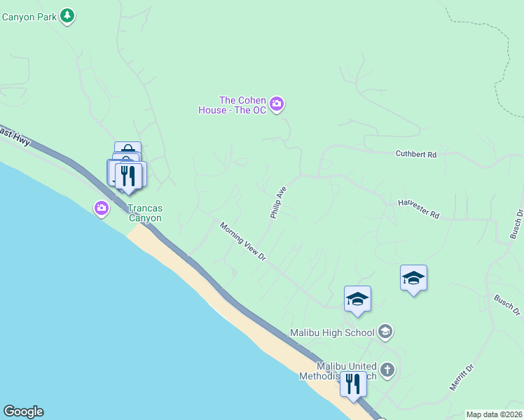 map of restaurants, bars, coffee shops, grocery stores, and more near 5953 Philip Avenue in Malibu
