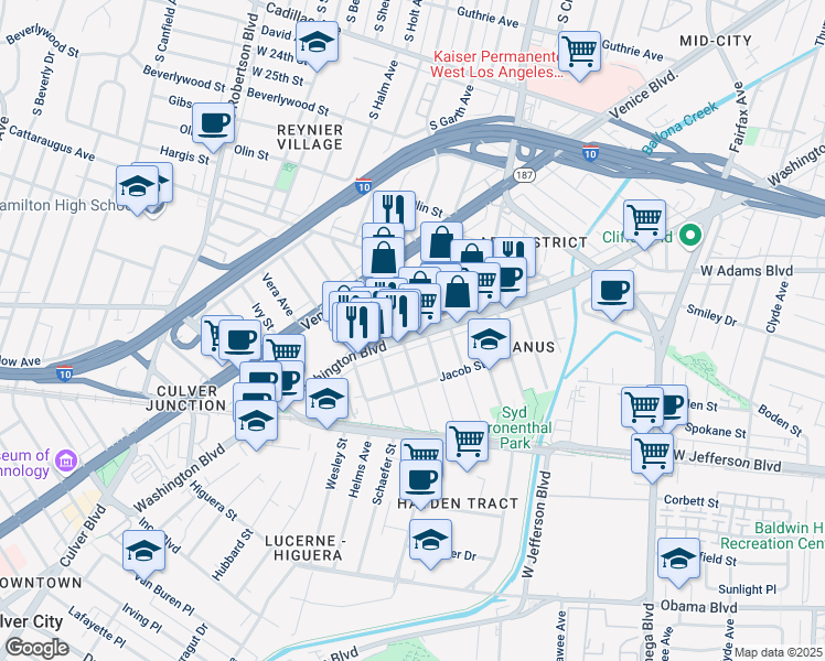 map of restaurants, bars, coffee shops, grocery stores, and more near 8601 Washington Boulevard in Culver City