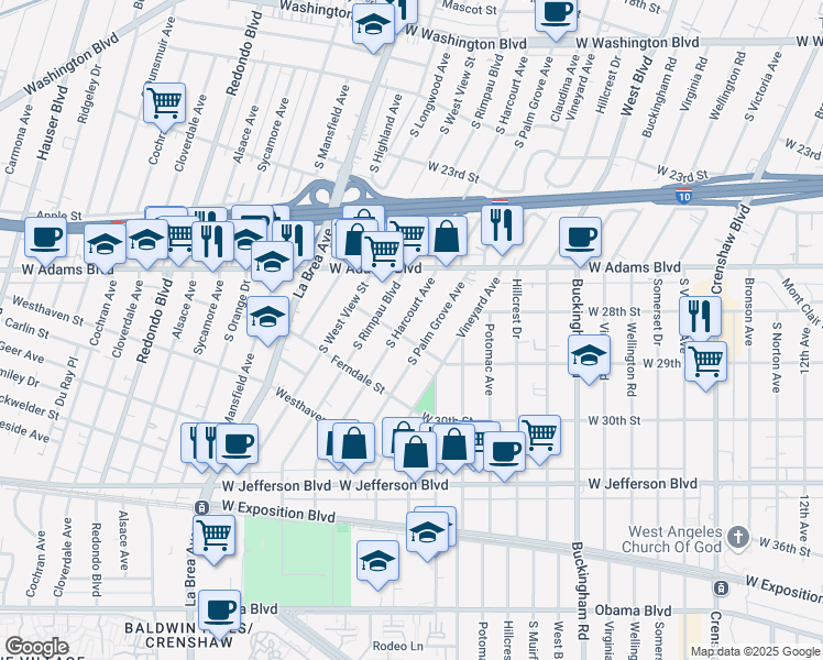 map of restaurants, bars, coffee shops, grocery stores, and more near 2676 South Harcourt Avenue in Los Angeles