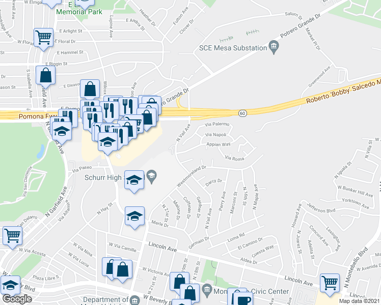 map of restaurants, bars, coffee shops, grocery stores, and more near 1729 Appian Way in Montebello