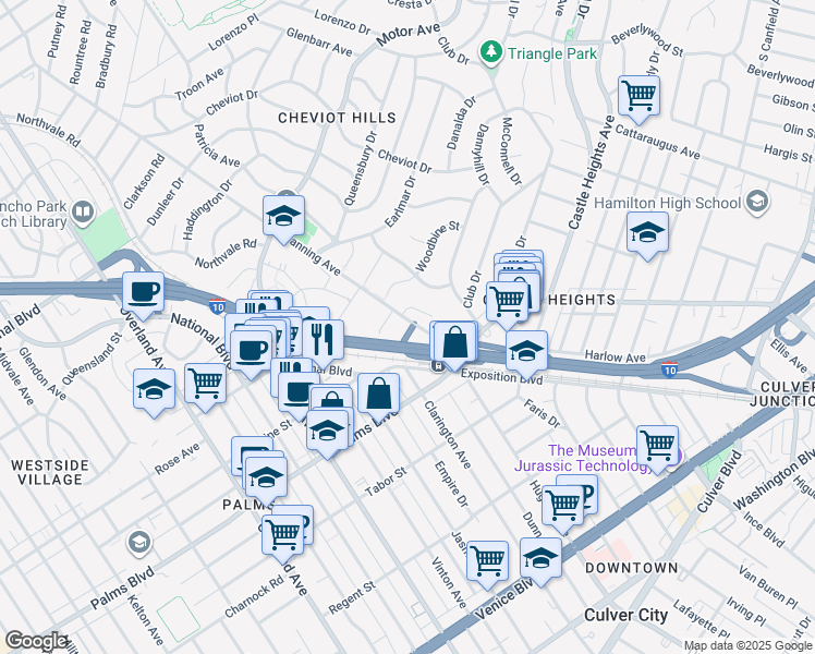 map of restaurants, bars, coffee shops, grocery stores, and more near 3375 Manning Avenue in Los Angeles