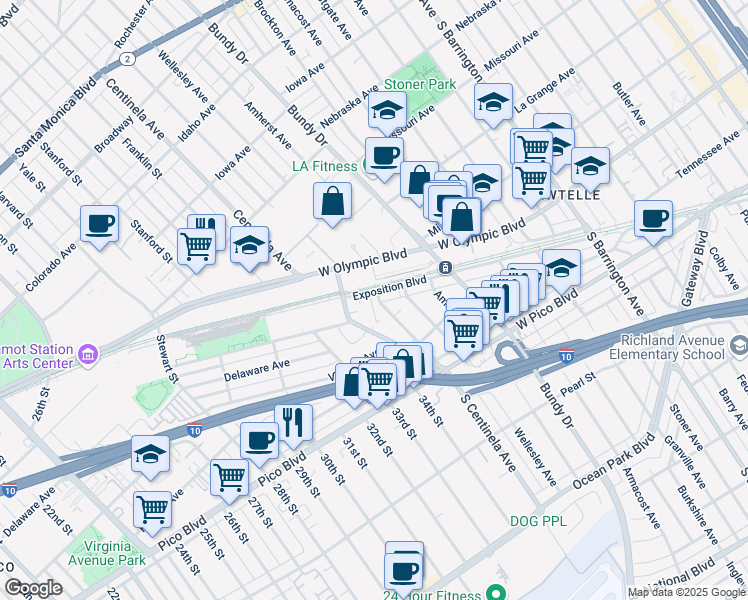 map of restaurants, bars, coffee shops, grocery stores, and more near 2270 South Centinela Avenue in Los Angeles