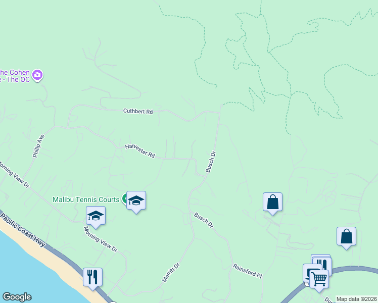 map of restaurants, bars, coffee shops, grocery stores, and more near 29675 Harvester Road in Malibu
