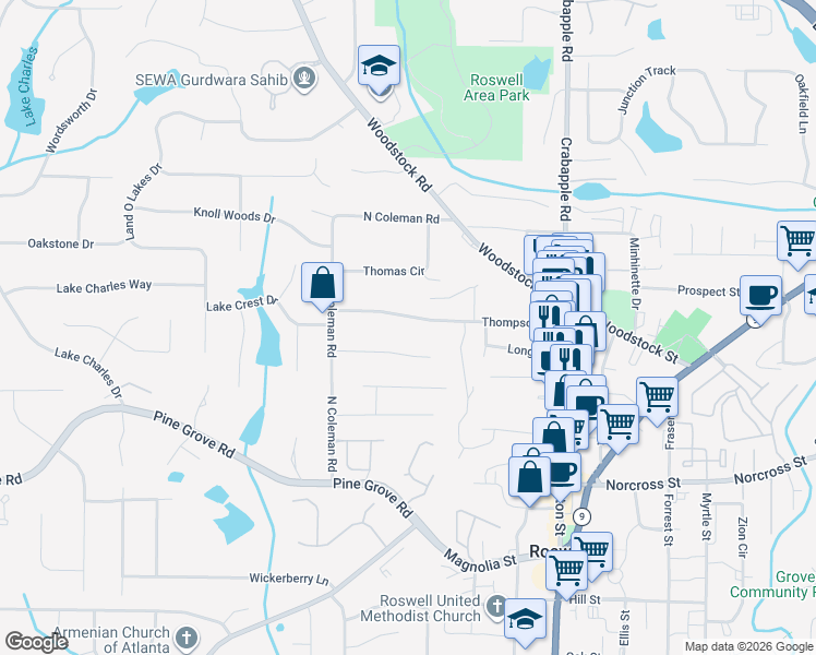 map of restaurants, bars, coffee shops, grocery stores, and more near 180 Thompson Place in Roswell