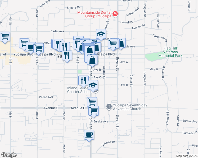 map of restaurants, bars, coffee shops, grocery stores, and more near 35161 Avenue C in Yucaipa