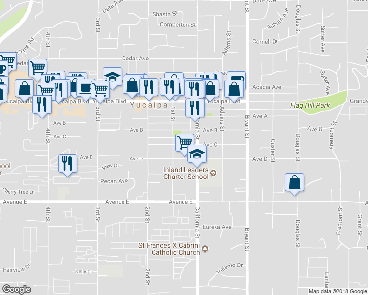 map of restaurants, bars, coffee shops, grocery stores, and more near 35045 Avenue C in Yucaipa