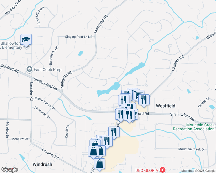 map of restaurants, bars, coffee shops, grocery stores, and more near 3334 Weathertop Way Northeast in Roswell
