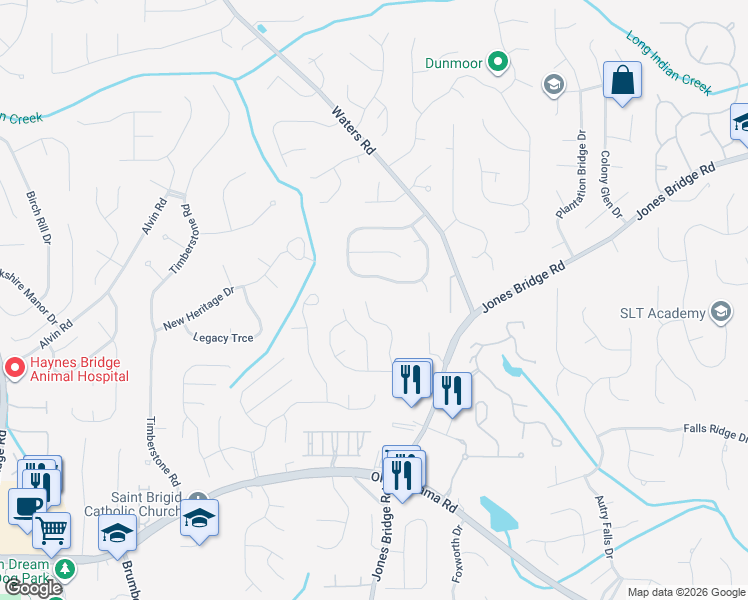 map of restaurants, bars, coffee shops, grocery stores, and more near 1055 Braesridge Way in Alpharetta