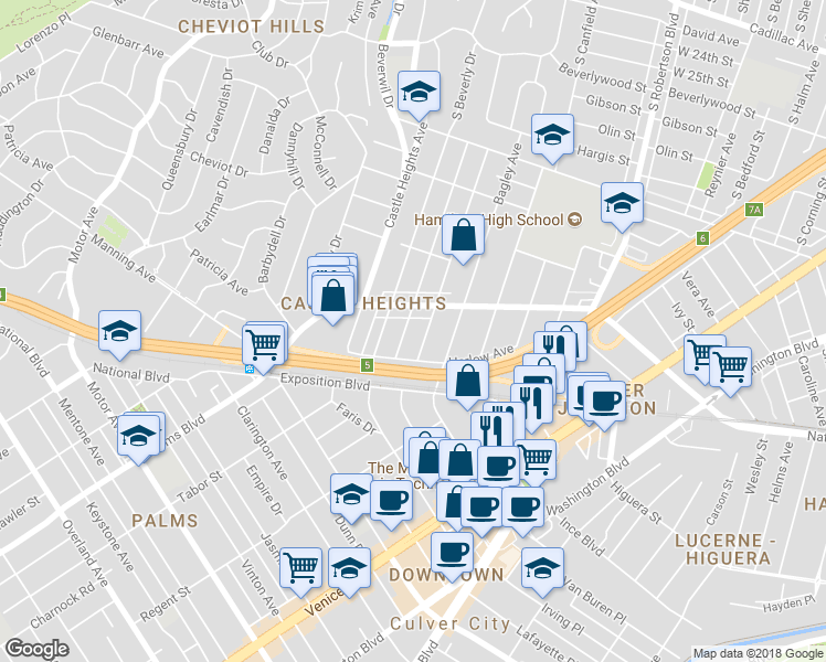 map of restaurants, bars, coffee shops, grocery stores, and more near 3326 Cardiff Avenue in Los Angeles