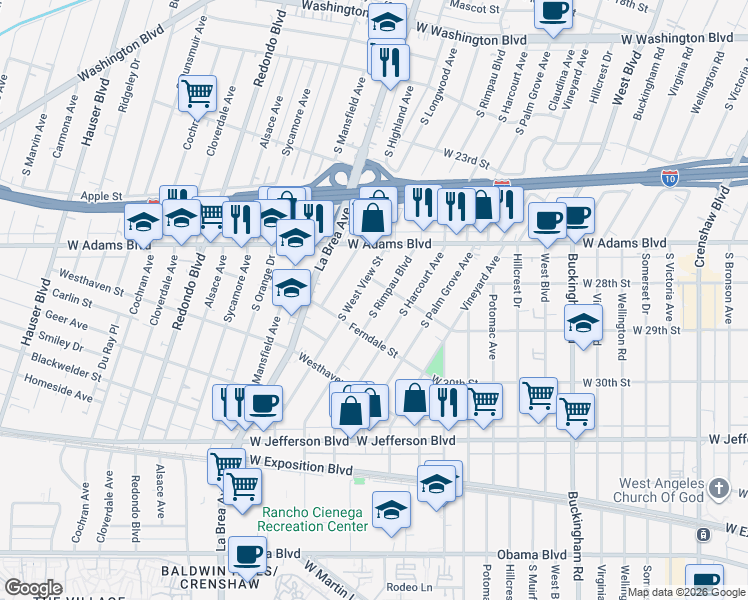 map of restaurants, bars, coffee shops, grocery stores, and more near 2719 South Rimpau Boulevard in Los Angeles