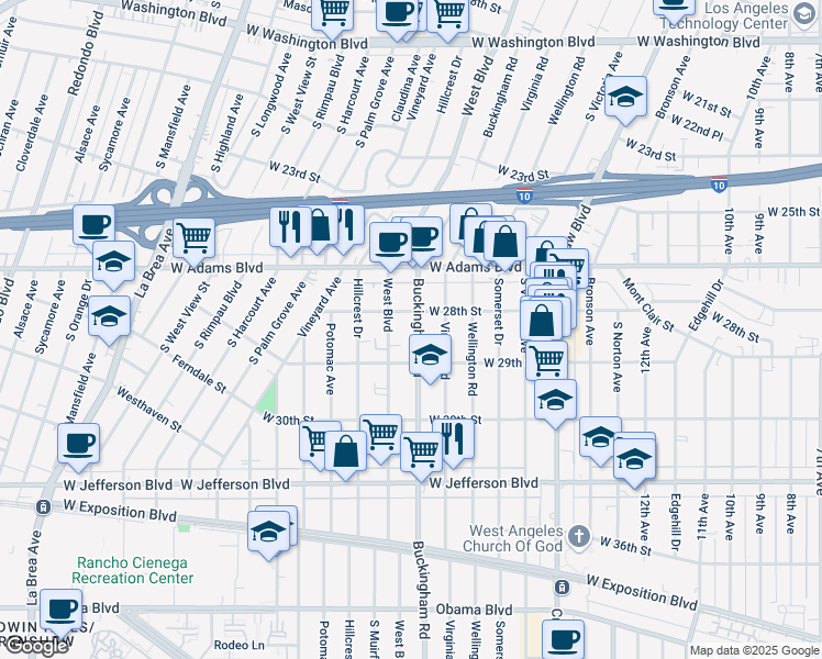 map of restaurants, bars, coffee shops, grocery stores, and more near 2817 Buckingham Road in Los Angeles