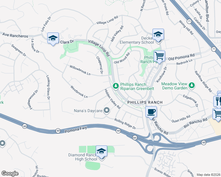 map of restaurants, bars, coffee shops, grocery stores, and more near 2 Westbrook Lane in Pomona