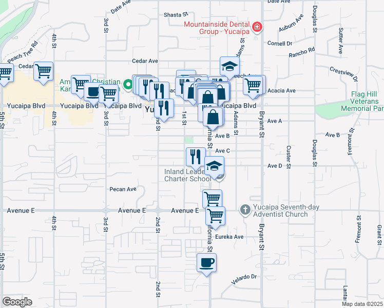 map of restaurants, bars, coffee shops, grocery stores, and more near 35023 Avenue C in Yucaipa