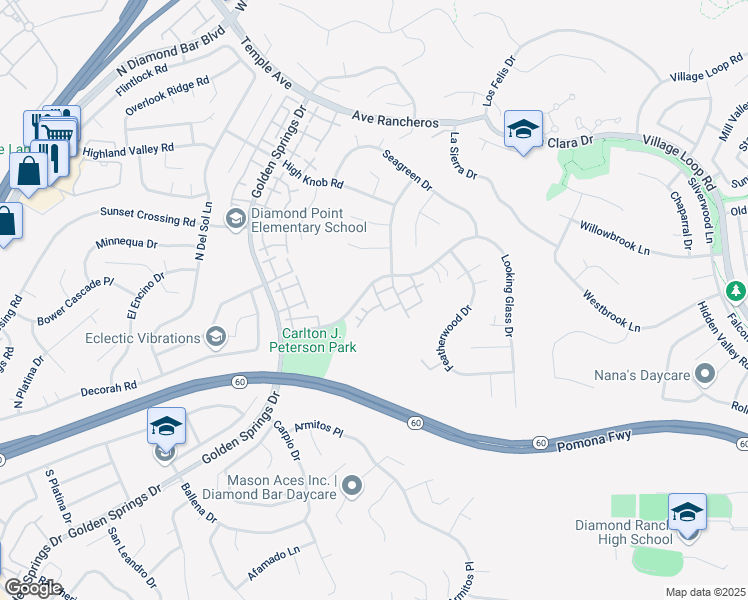 map of restaurants, bars, coffee shops, grocery stores, and more near 24202 Sylvan Glen Road in Diamond Bar