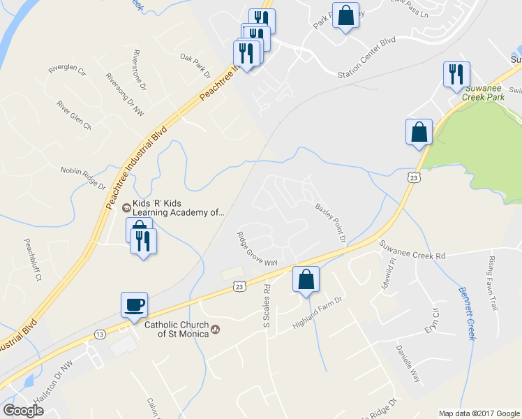 map of restaurants, bars, coffee shops, grocery stores, and more near 1576 Baxley Pine Trace in Suwanee