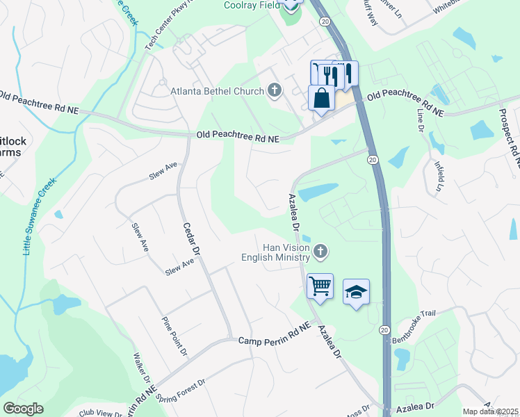 map of restaurants, bars, coffee shops, grocery stores, and more near 2300 Friars Gate Dr NE in Lawrenceville