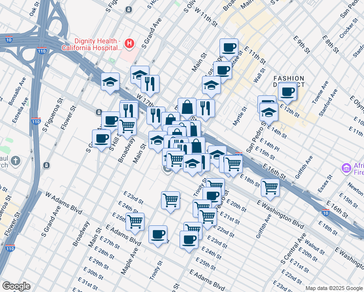 map of restaurants, bars, coffee shops, grocery stores, and more near 1732 Santee Street in Los Angeles