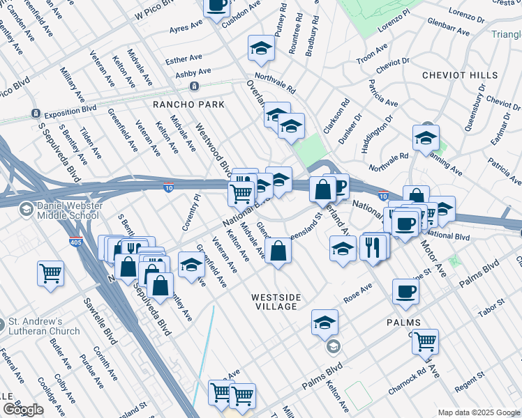 map of restaurants, bars, coffee shops, grocery stores, and more near 3030 Westwood Boulevard in Los Angeles