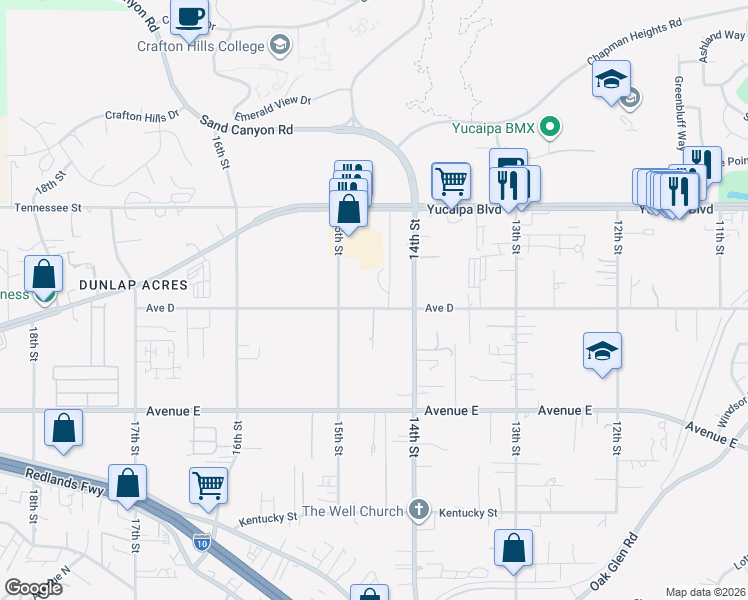 map of restaurants, bars, coffee shops, grocery stores, and more near 32390 Avenue D in Yucaipa