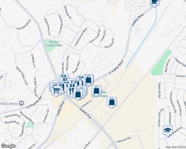 map of restaurants, bars, coffee shops, grocery stores, and more near 22019 Florence Circle in Walnut