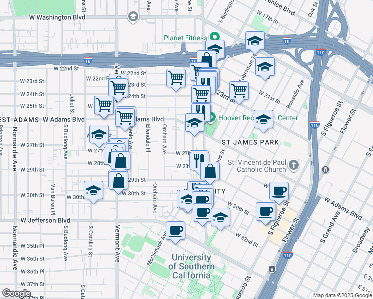 map of restaurants, bars, coffee shops, grocery stores, and more near in Los Angeles