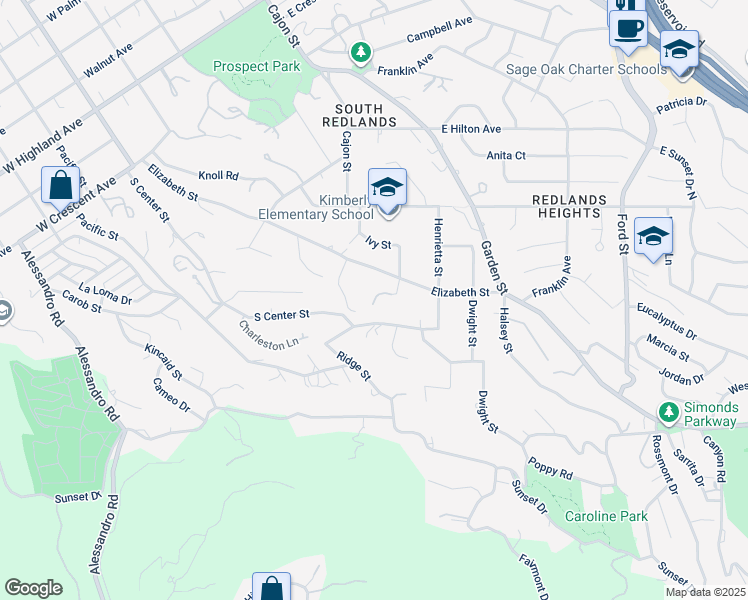 map of restaurants, bars, coffee shops, grocery stores, and more near 1582 Elizabeth Street in Redlands