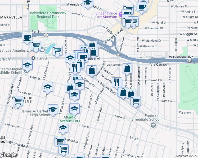 map of restaurants, bars, coffee shops, grocery stores, and more near 5319 East Beverly Boulevard in East Los Angeles