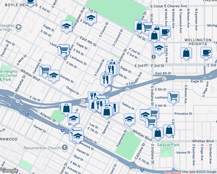 map of restaurants, bars, coffee shops, grocery stores, and more near 612 South Lorena Street in Los Angeles