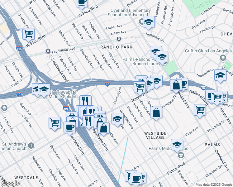 map of restaurants, bars, coffee shops, grocery stores, and more near 2929 Veteran Avenue in Los Angeles