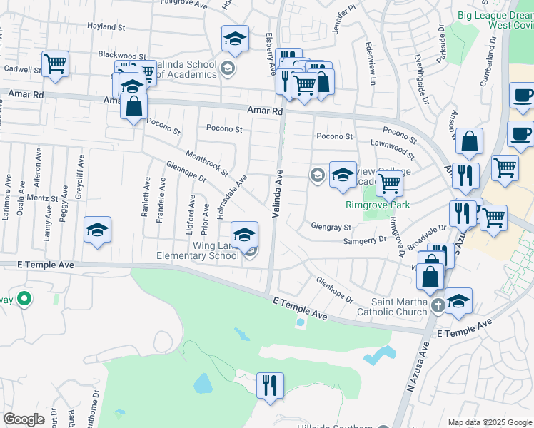 map of restaurants, bars, coffee shops, grocery stores, and more near 16516 Montbrook Street in La Puente