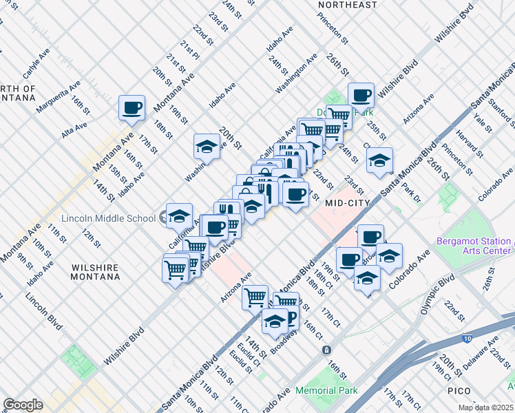 map of restaurants, bars, coffee shops, grocery stores, and more near 1807 Wilshire Boulevard in Santa Monica
