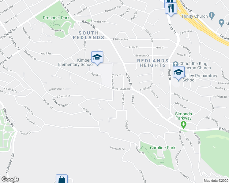 map of restaurants, bars, coffee shops, grocery stores, and more near 1605 Henrietta Street in Redlands