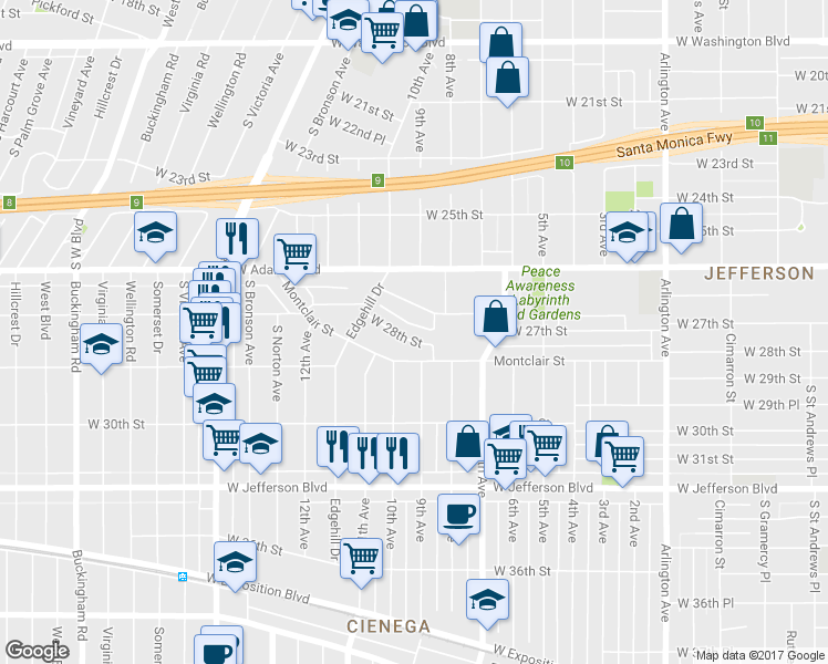 map of restaurants, bars, coffee shops, grocery stores, and more near 3837 West 28th Street in Los Angeles