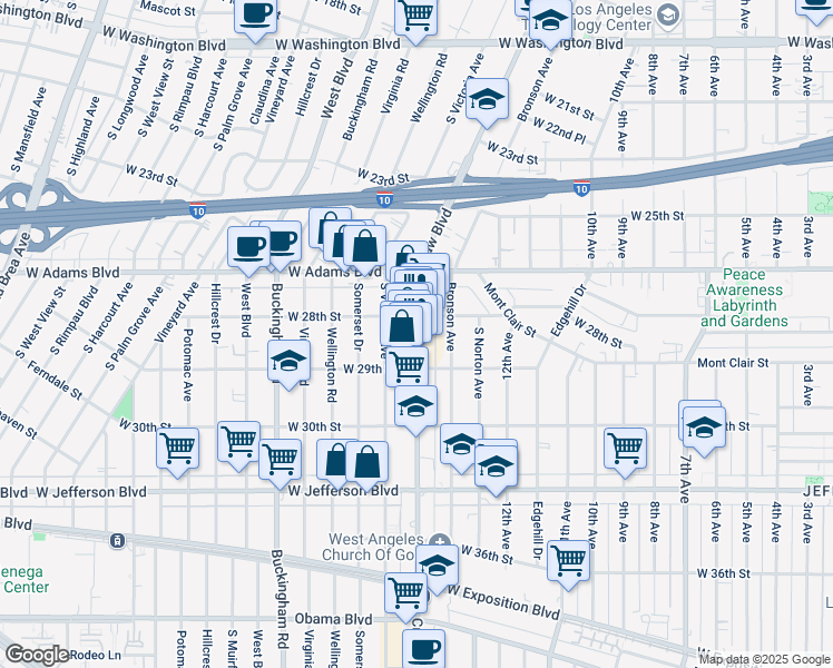map of restaurants, bars, coffee shops, grocery stores, and more near 2813 Crenshaw Boulevard in Los Angeles