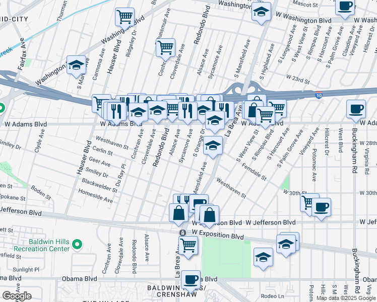 map of restaurants, bars, coffee shops, grocery stores, and more near 2720 South Sycamore Avenue in Los Angeles