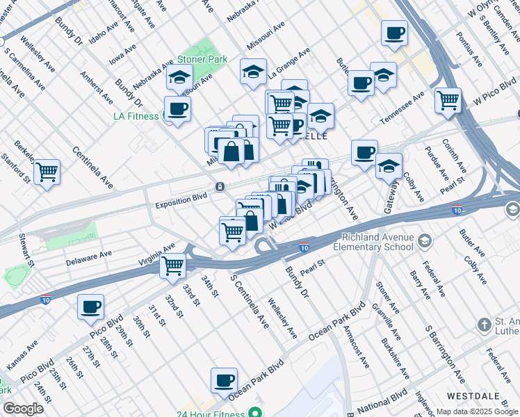 map of restaurants, bars, coffee shops, grocery stores, and more near 11917 Tennessee Place in Los Angeles