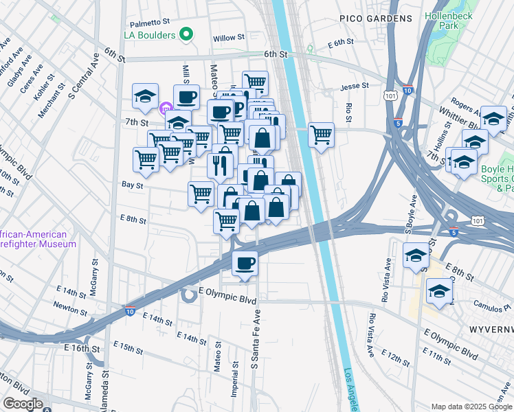 map of restaurants, bars, coffee shops, grocery stores, and more near S Santa Fe Ave & Sacramento St in Los Angeles