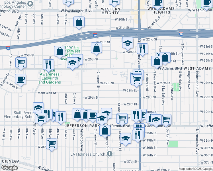 map of restaurants, bars, coffee shops, grocery stores, and more near 2170 West 27th Street in Los Angeles