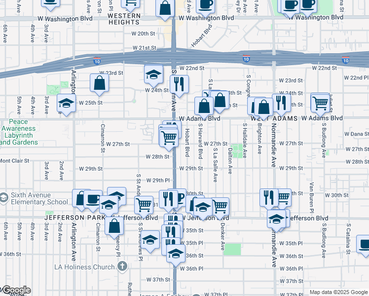 map of restaurants, bars, coffee shops, grocery stores, and more near 2707 South Hobart Boulevard in Los Angeles
