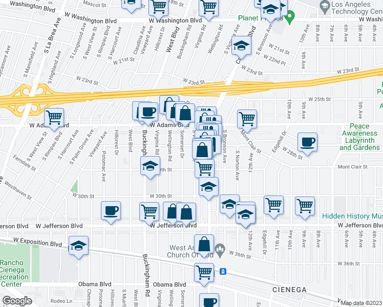 map of restaurants, bars, coffee shops, grocery stores, and more near 2819 South Victoria Avenue in Los Angeles