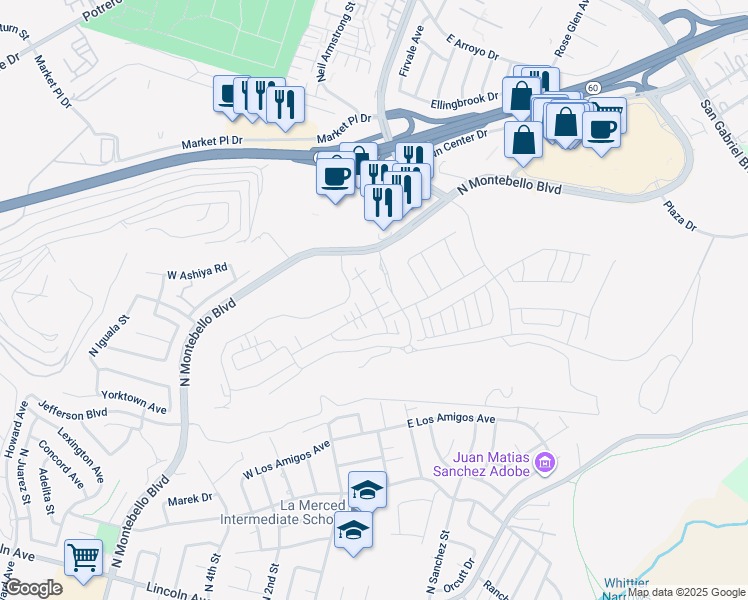 map of restaurants, bars, coffee shops, grocery stores, and more near 2058 Hollyleaf Terrace in Montebello