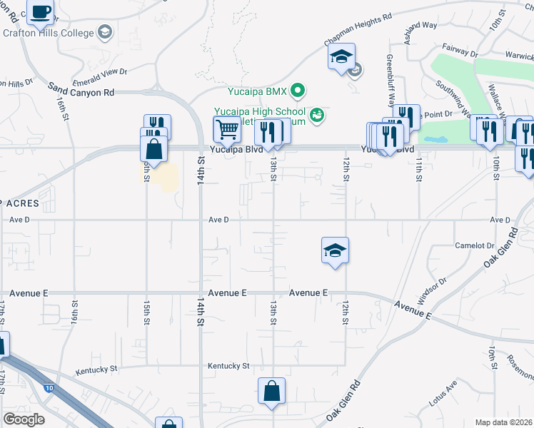 map of restaurants, bars, coffee shops, grocery stores, and more near 12284 13th Street in Yucaipa